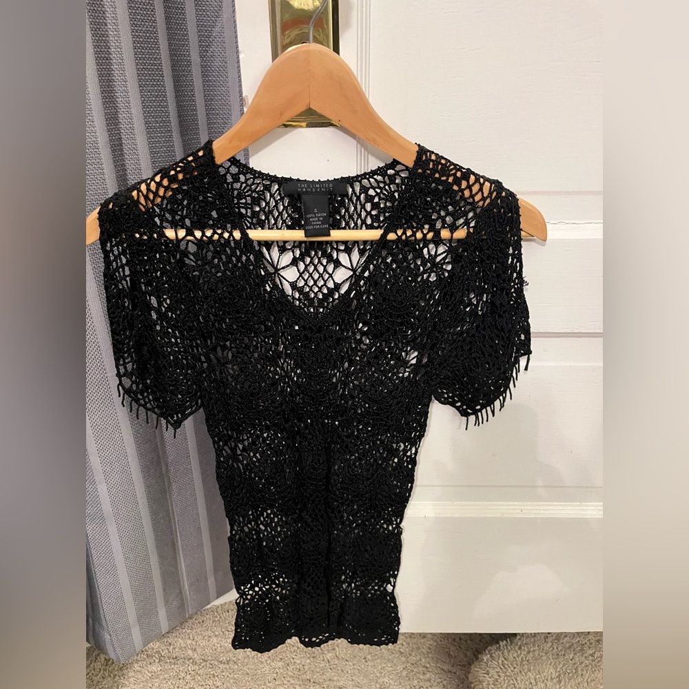 The Limited S black crocheted top with beading at sleeve/hem